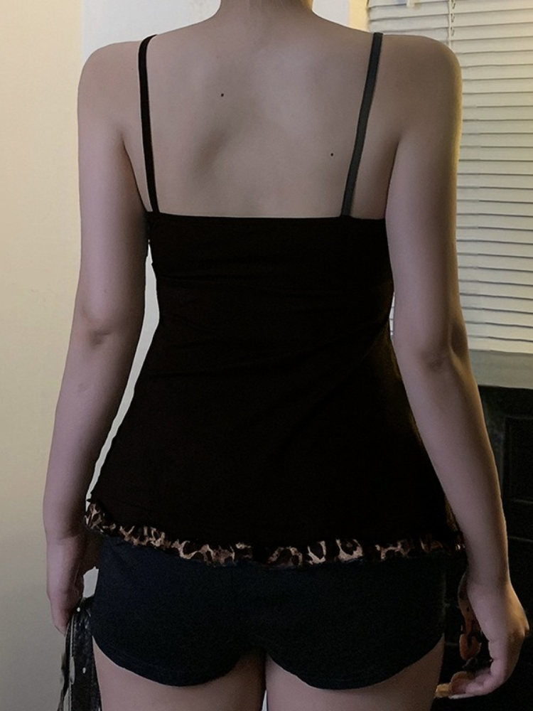 Américain Hotsweet Y2k Léopard Camisole Femmes Rétro Streetwear E-girl 90s Gothique Foncé Sexy Patchwork À Lacets Débardeur Court Femme