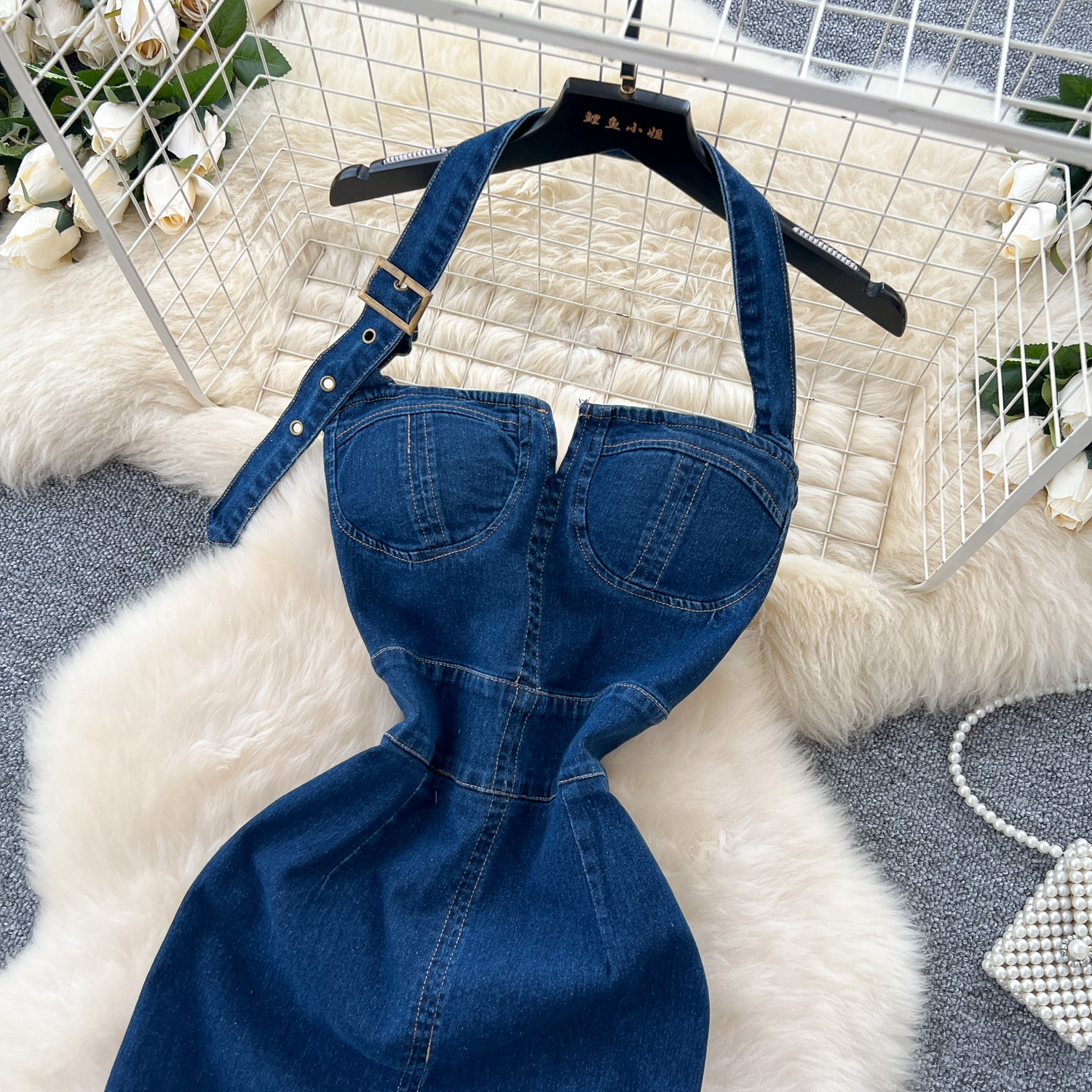 Robe longue en Denim pour femmes, Sexy, col licou, écharpe, Streetwear, portefeuille, hanche, sans manches, épissure élégante, Y2k, soirée, 2025