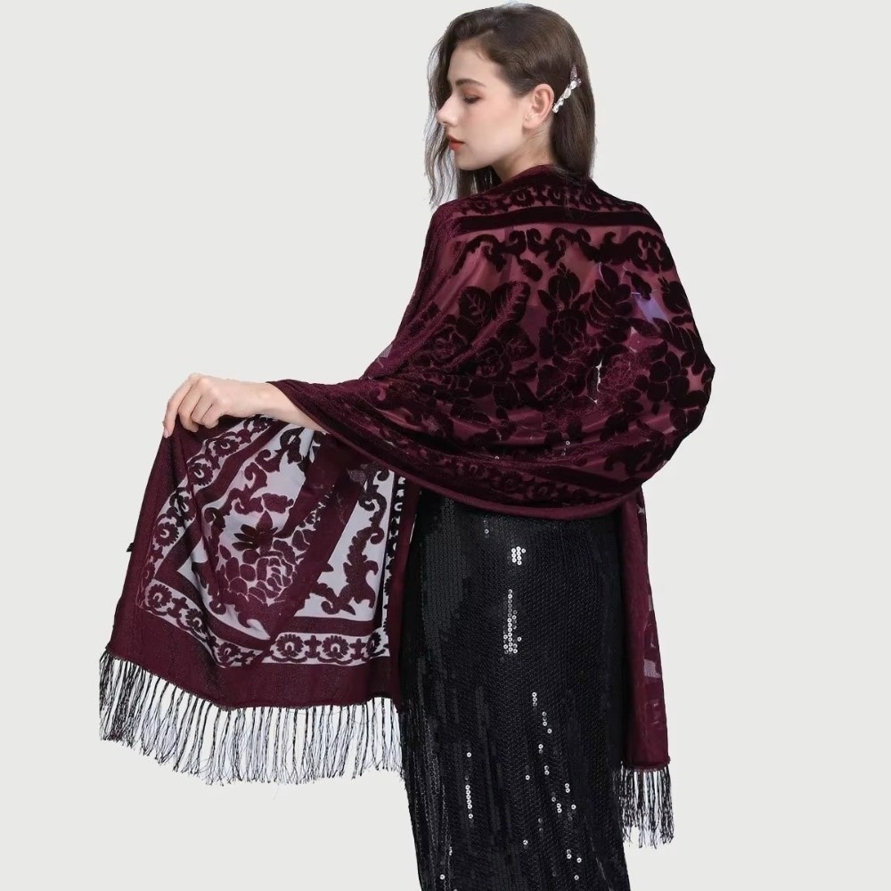 Châle de robe chinoise de Style ethnique, Design élégant, utilisation polyvalente, écharpe longue à franges, matériau chaud, écharpe en velours à bord frangé