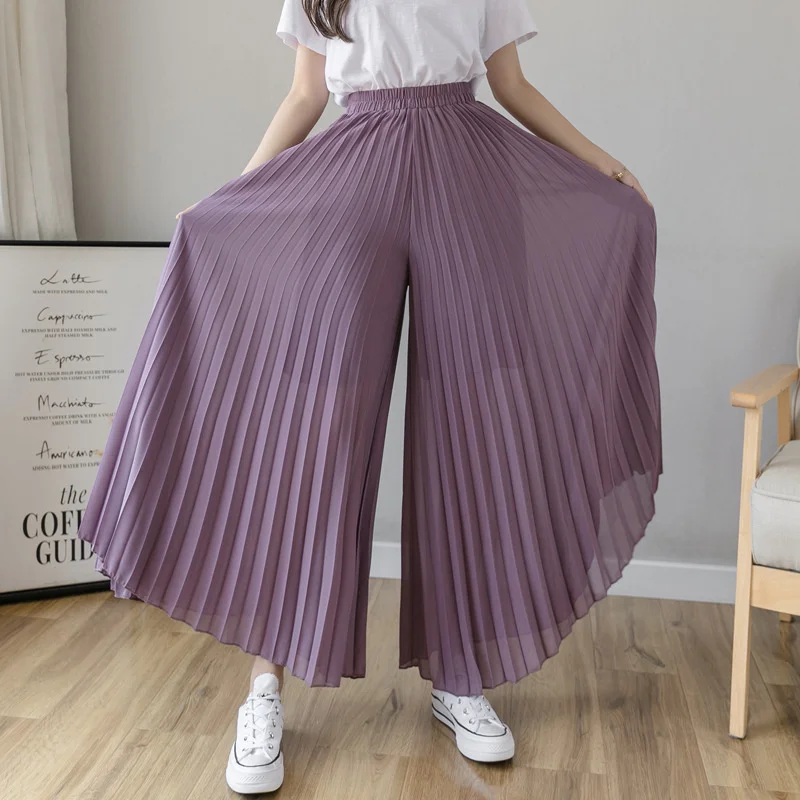 Pantalon large taille haute en mousseline de soie pour femme, mode coréenne décontractée, vêtements plissés, élégant