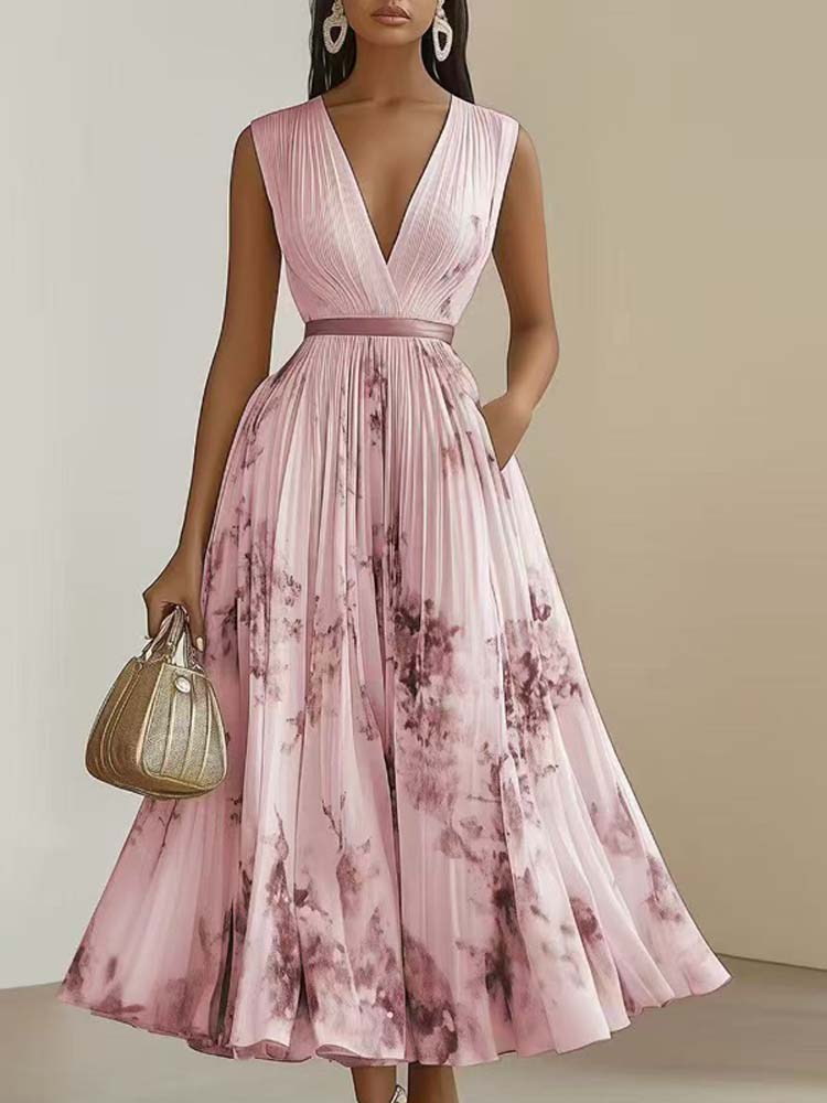 Femmes col en V sans manches fête drapée Maxi robes Vintage élégant bureau robe trapèze florale pour les femmes dame Chic robe de soirée