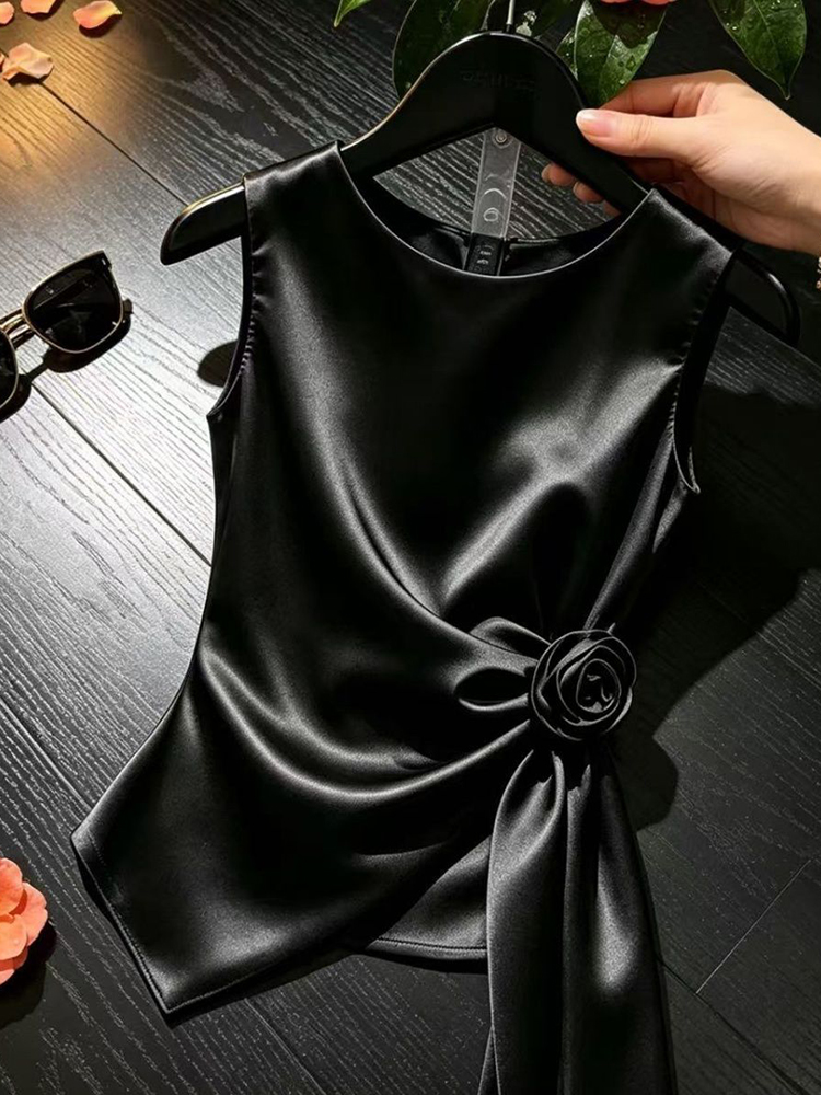 Débardeurs en satin élégants et chics pour femmes, coupe ajustée, col rond, motif floral 3D, sexy, tendance, décontractés d'été, design uni, style Ins, haut sans manches