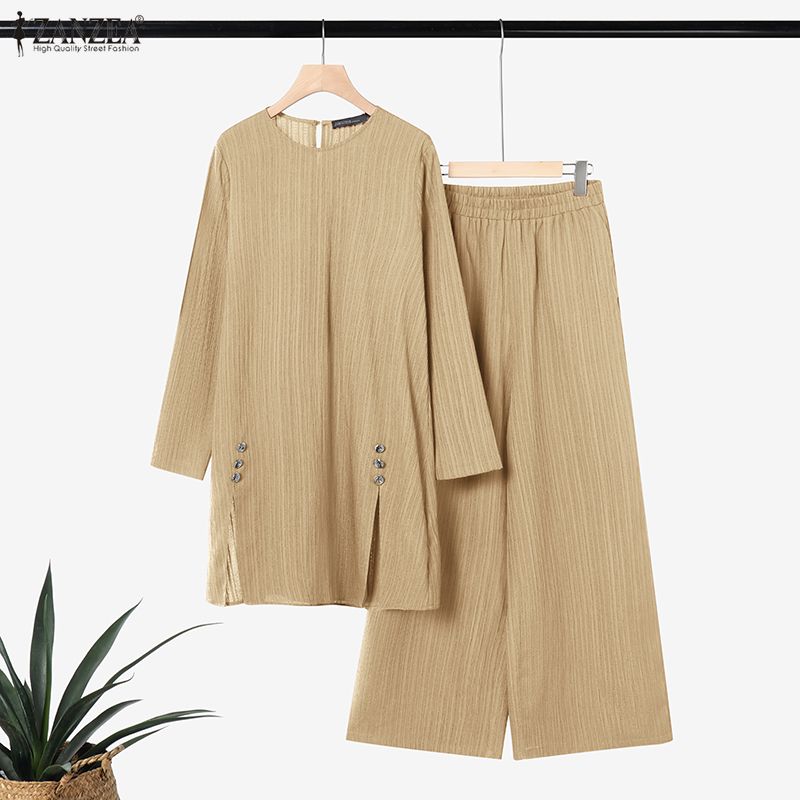 Ensemble élégant 2 pièces pour femme musulmane ZANZEA – Tenue de Ramadan avec hauts à manches longues col rond et pantalon large – Survêtement Hijab Dubaï