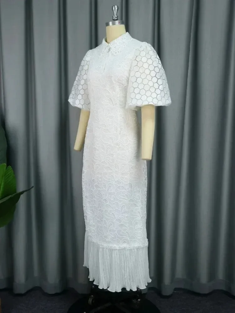 Robes mi-longues en dentelle blanche pour femmes, col rabattu, manches bouffantes, ourlet plissé, vêtements de luxe, élégantes, invités de mariage, occasion