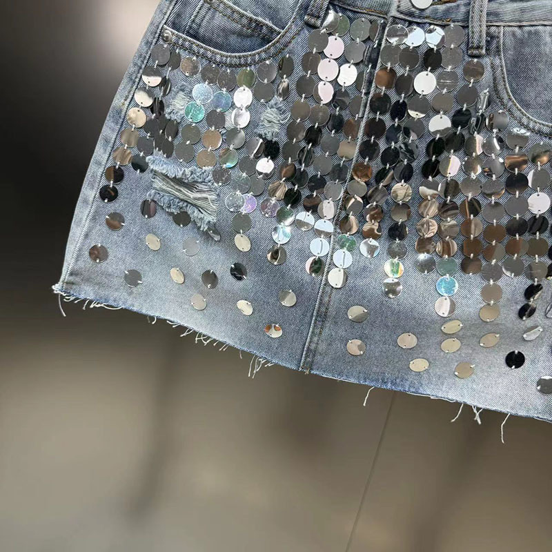 DEAT-Jupe en jean à sequins pour femmes, jupe taille haute, jupe ronde, mode femme, 29L7 clarification, été, nouveaux articles, 2024