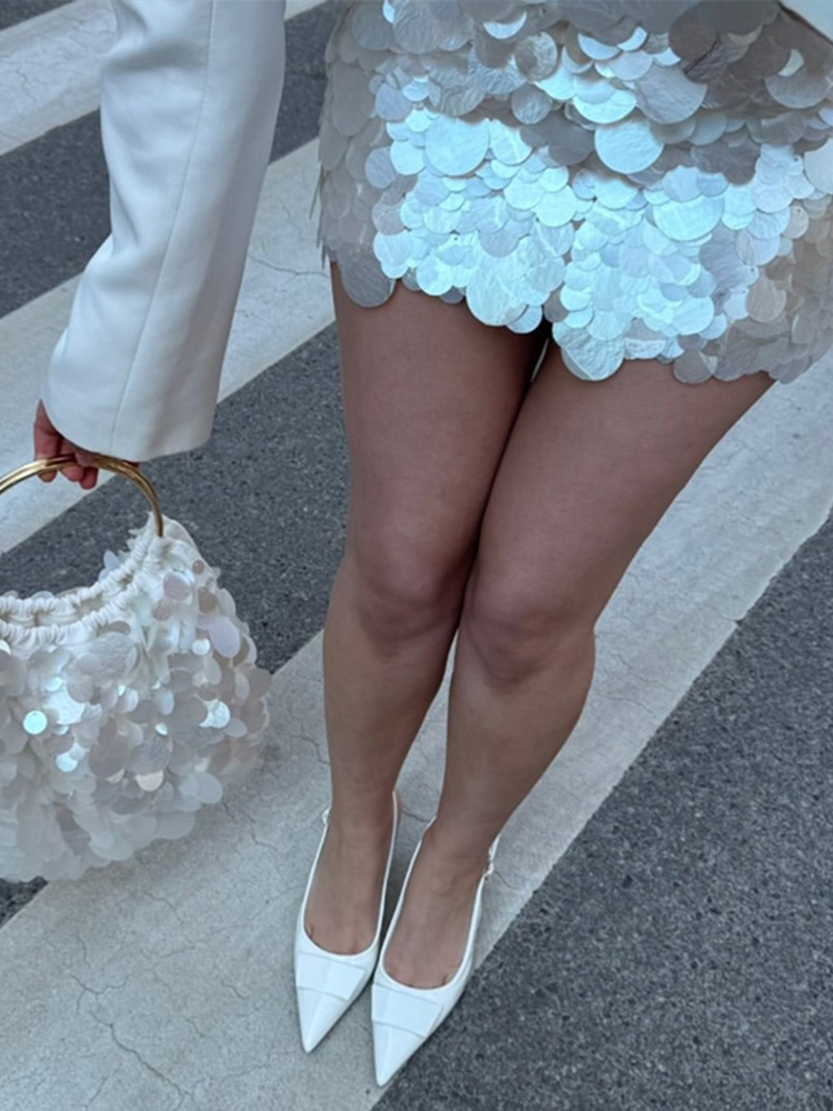 Mini-jupe sirène chic taille haute évasée à sequins irisés style Y2K pour femme, collection été 2026