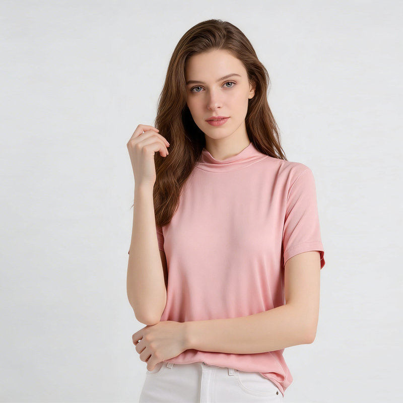 Nouveau T-shirt polyvalent à manches courtes et col semi-montant en soie de mûrier naturelle (25 %) tricoté pour femme, collection Printemps/Été 2026