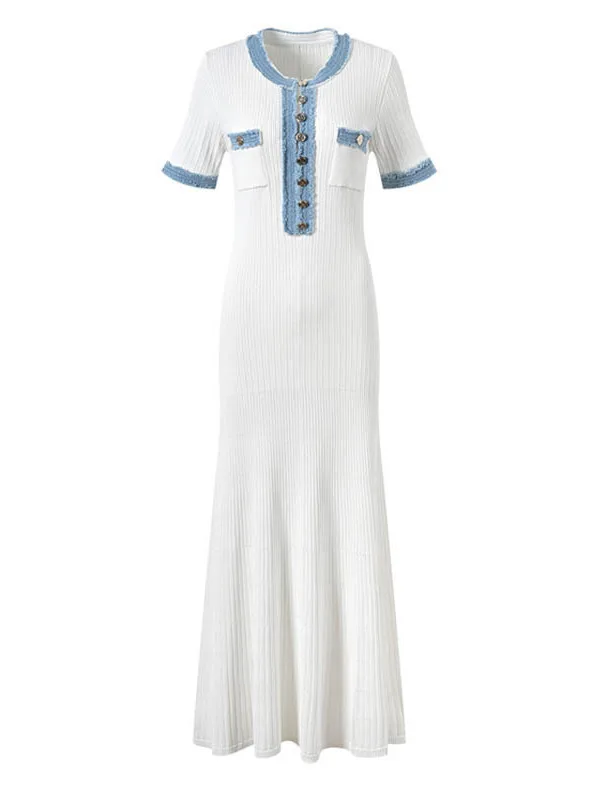 Robe longue pour femme, coupe ajustée, col en V, manches courtes, élégante, avec empiècements en jean, style Y2K, taille haute, été
