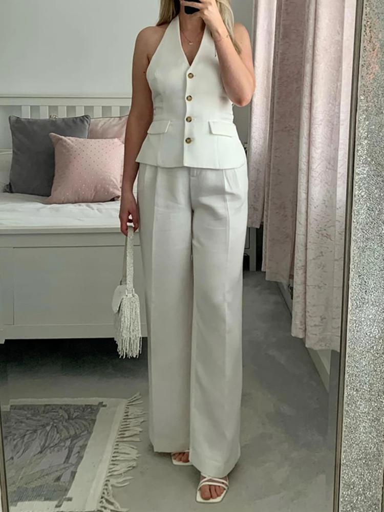 MUJER pantalons ensembles pour femmes 2 pièces épaules dénudées gilet sans manches femme tenue mode pantalon à jambes larges élégant décontracté ensemble pour femmes