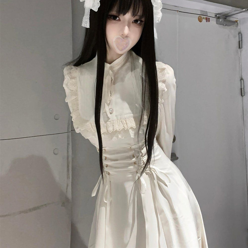 Robe française élégante en dentelle à manches longues pour femmes, taille haute, Patchwork, mode Lolita Kawaii, nouvelle collection à lacets