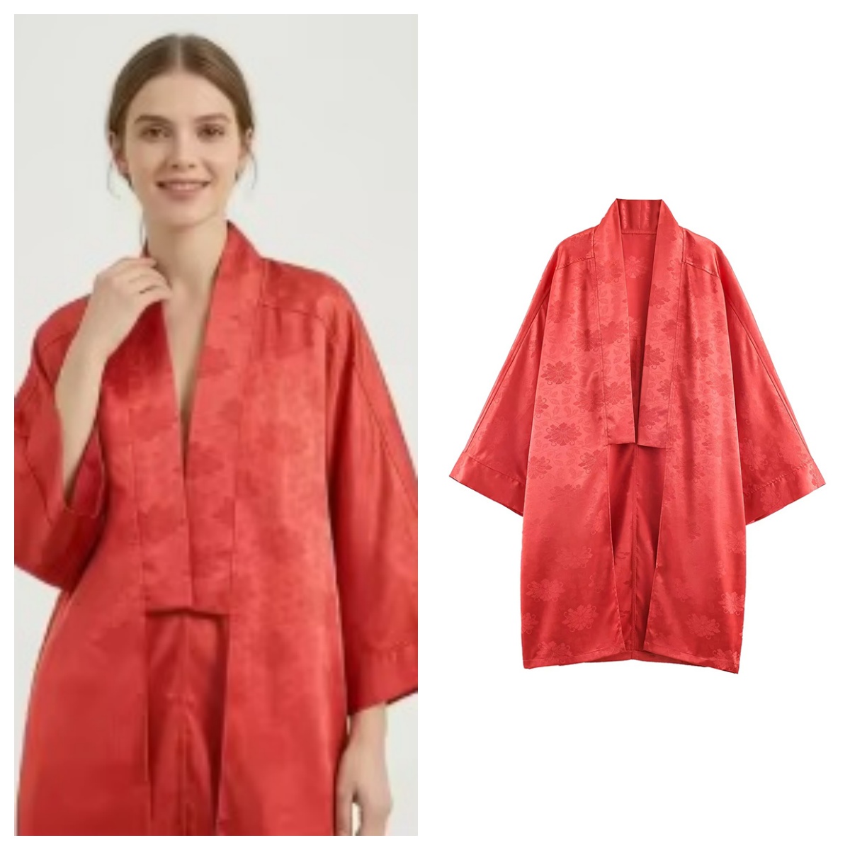 Cardigan long en satin pour femme, style vintage streetwear, imprimé floral rouge, manches chauve-souris, coupe ample et décontractée, collection été 2026