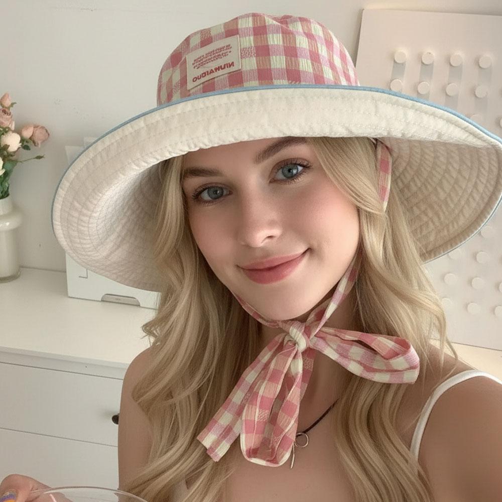 Chapeaux de soleil à large bord pour femmes, protection UV, avec sangle sous le menton, chapeau de plage à carreaux pastel mignon pour les voyages en plein air et le quotidien