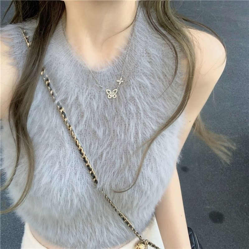 Haut court Sexy en fausse fourrure pour femmes, vêtements Vintage Y2k, débardeur tricoté sans manches, pulls, tenues de fête en Club, mode coréenne, nouveau