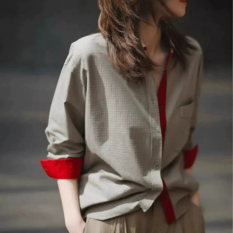 Chemisiers Vintage à carreaux pour femmes, chemises décontractées, mode ample, vêtements d'été de Style français, manches longues, gris, hauts pour femmes