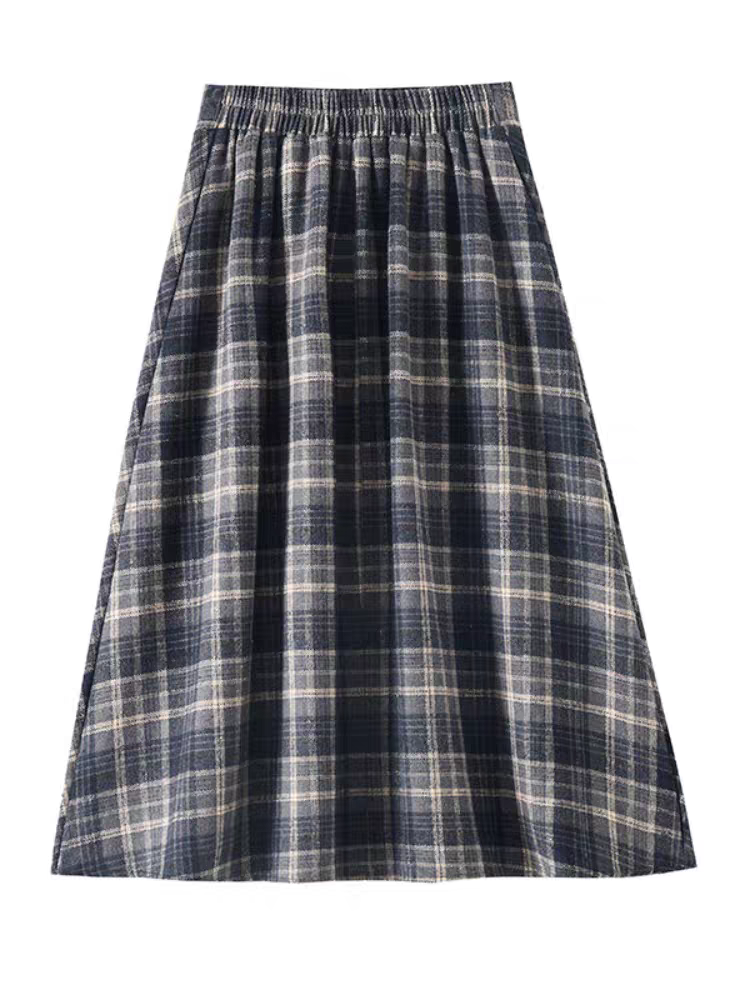 Jupe Madi trapèze à carreaux doux avec taille élastique, jupes évasées taille haute pour femmes, confort extensible, automne hiver 2025
