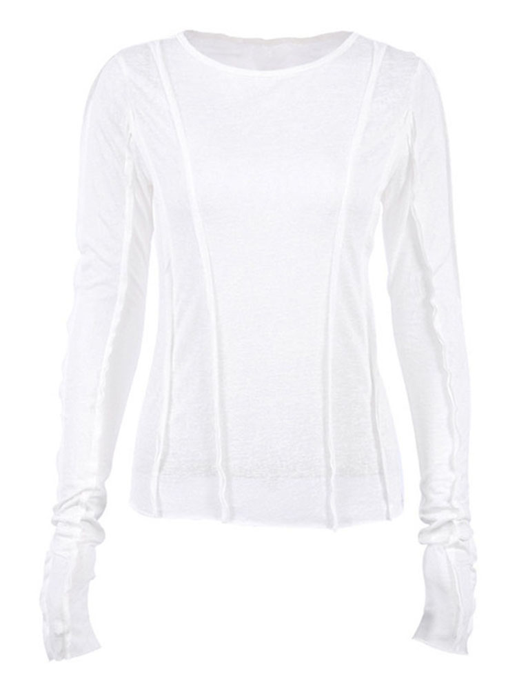 T-shirt manches longues col rond femme, blanc, jaune, élégant, décontracté, slim, élastique, solide, automne, 2022