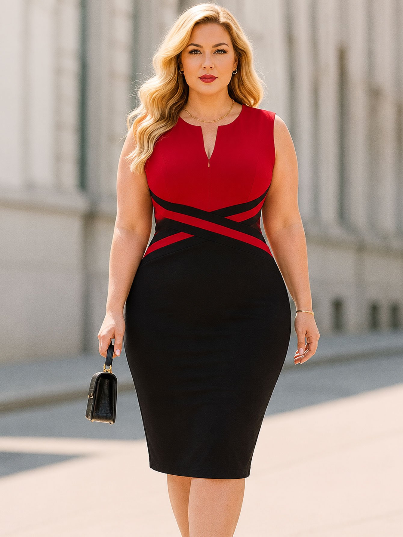 Robe Grande Taille Femme Élégante avec Fermeture Éclair Avant Sans Manches Longueur Genou Business Colorblock Soirée Moulante Fourreau Crayon S-5XL