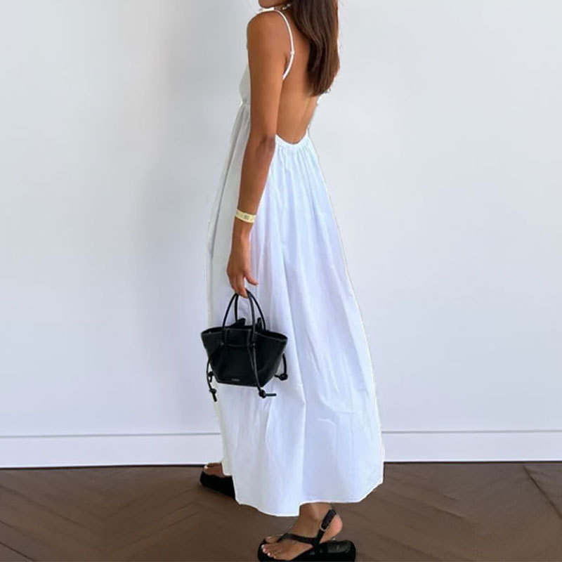 VEITCHE été Sexy dos nu femmes robe longue col en V solide taille haute coupe ample a-ligne robes blanches plage Vocation tenue