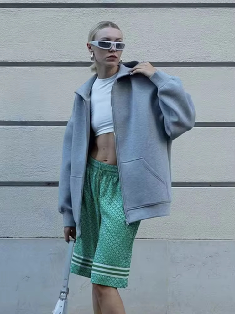 HH Veste à Capuche Décontractée pour Femme, Coupe Ample et Surdimensionnée, Sweat à Capuche Zippé, Manteau Uni, Haut Chic pour Femme de Bureau