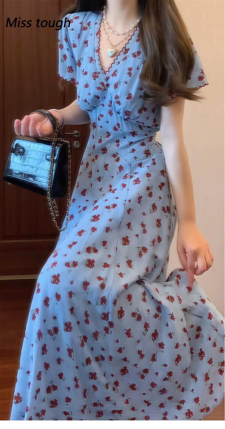 Robe mi-longue en mousseline de soie à col en V à manches bouffantes pour femmes, robe florale vintage, dentelle élégante, robe de soirée coréenne, robes d'automne pour femmes, 2024