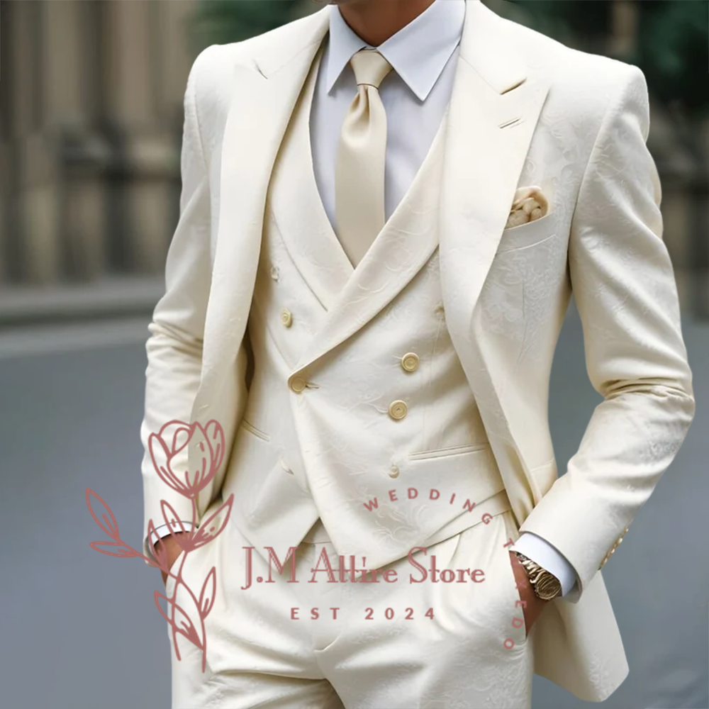 Costume 3 pièces en Jacquard blanc pour hommes, veste, gilet, pantalon, formel, élégant, ensemble sur mesure pour mariage, Cocktail, dîner, smoking