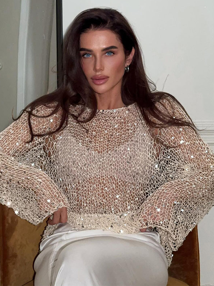 Sexy transparent perles haut femmes col rond manches longues évider hauts femme 2025 printemps été mode décontracté dame pull