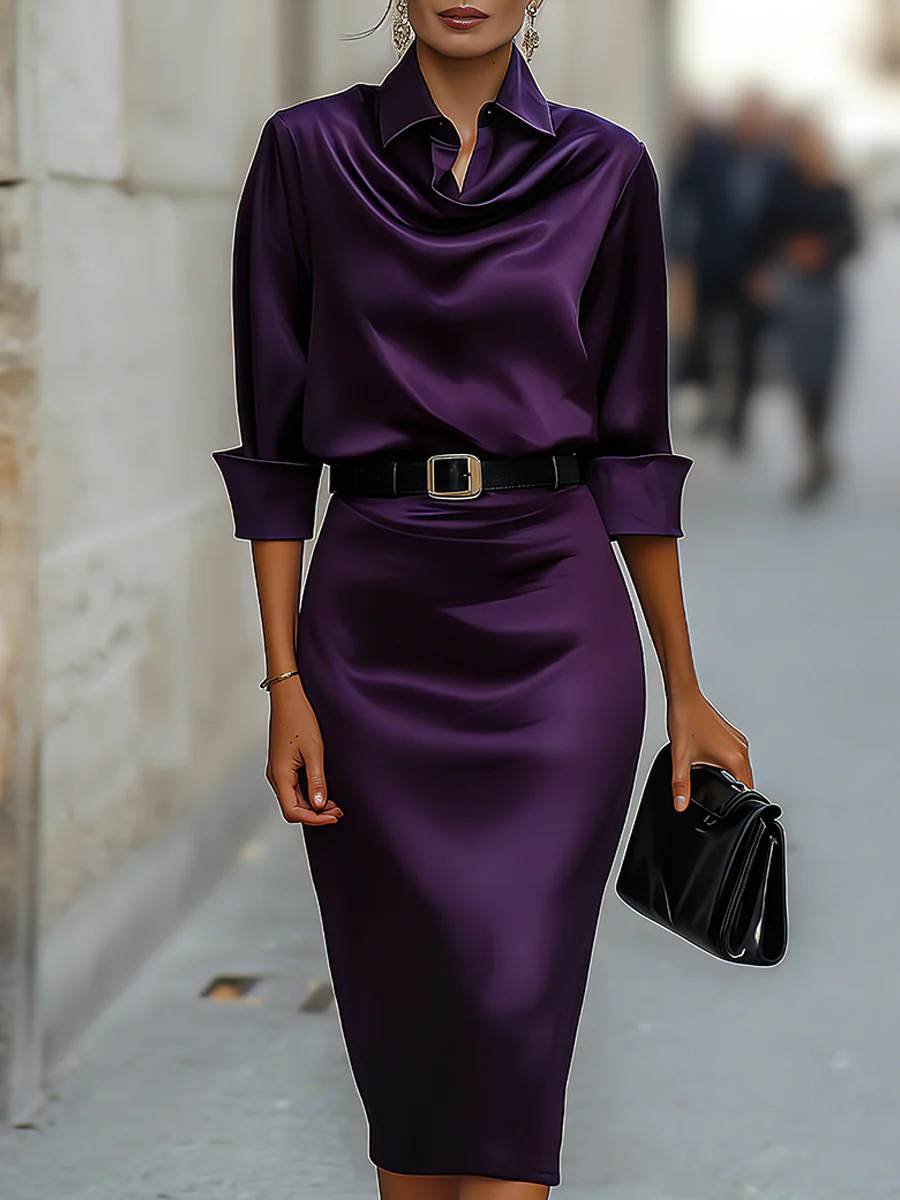 Robe chemise en satin à col bénitier avec ceinture, robe moulante mi-longue à manches longues pour femme, élégante, décontractée, pour soirée ou fête
