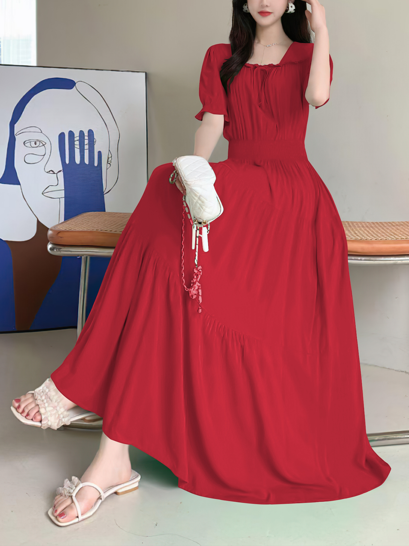 Robe midi décontractée pour femme, manches bouffantes, taille haute, chic, à porter au quotidien pour toutes les occasions, style élégant pour les femmes soucieuses de la mode