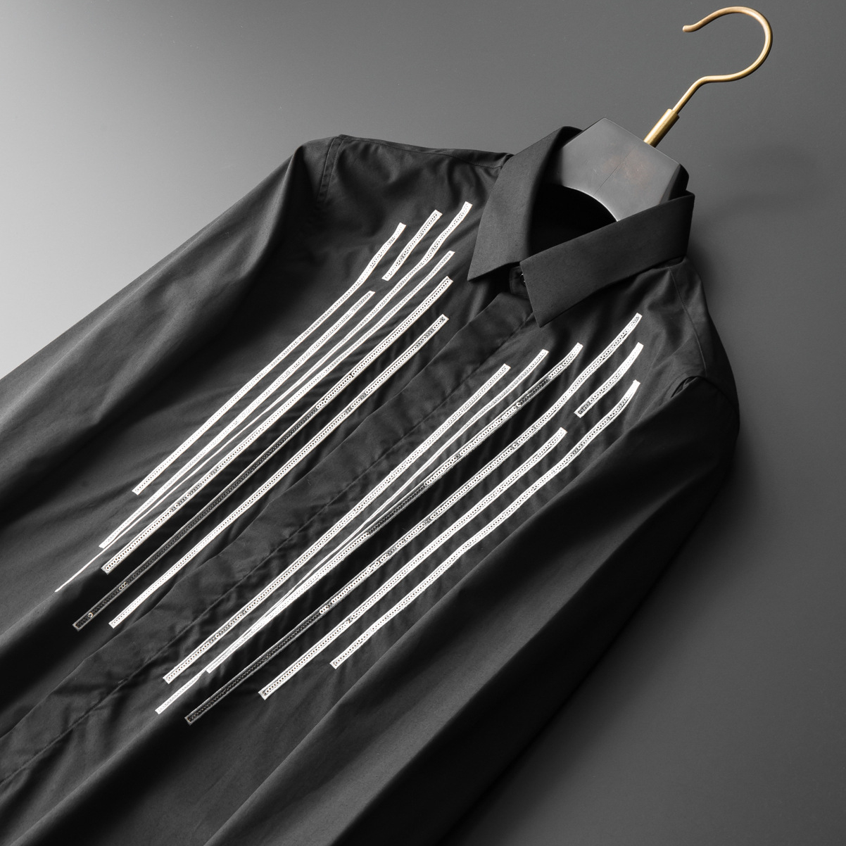 Chemise de luxe à sequins rayée à manches longues pour homme, coupe ajustée, décontractée, pour affaires, banquets, soirées et spectacles
