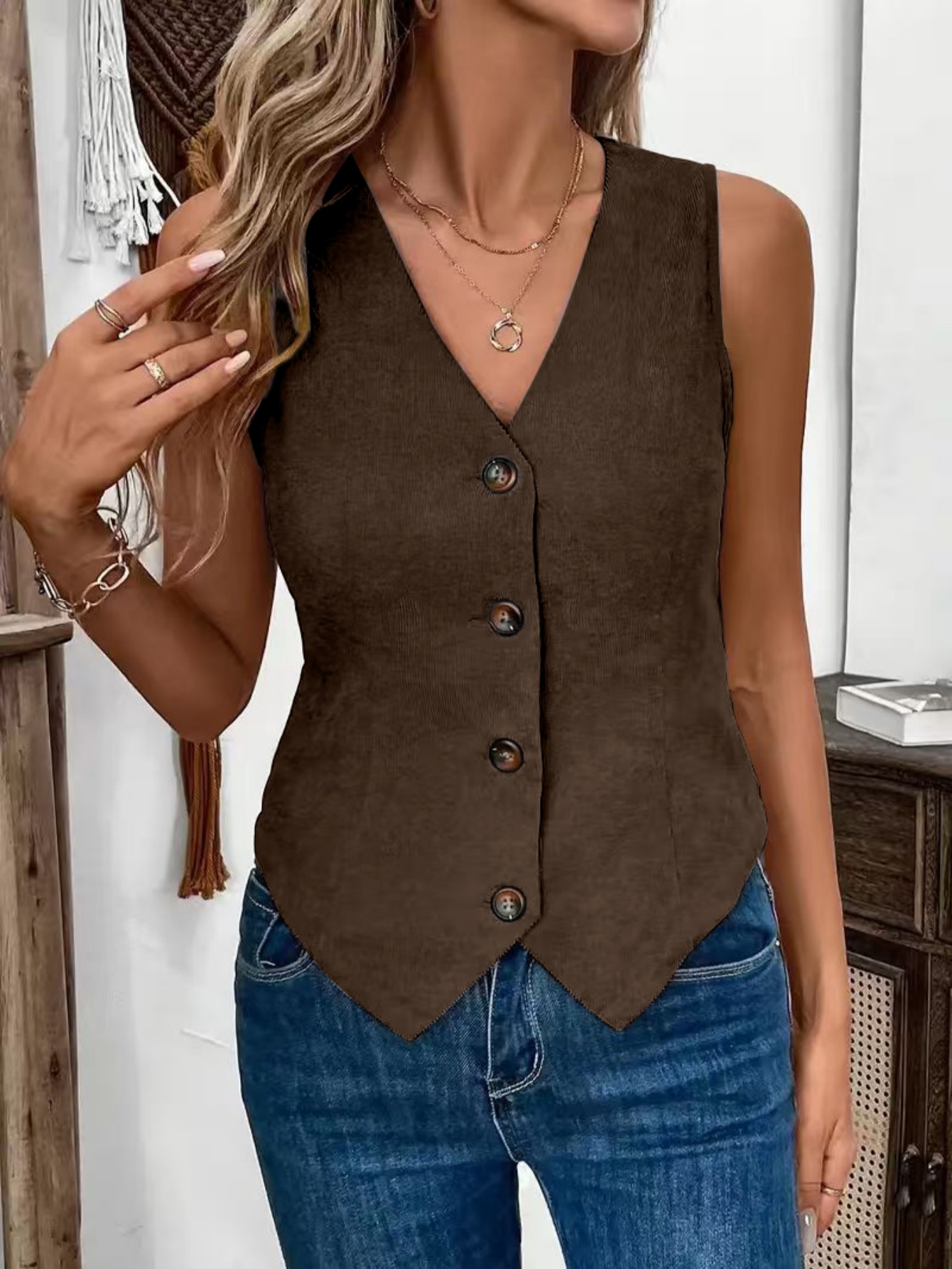 Gilet Vintage en velours côtelé pour femmes, gilet ajusté boutonné à col en v, débardeur marron décontracté sans manches rétro des années 90 pour superposition