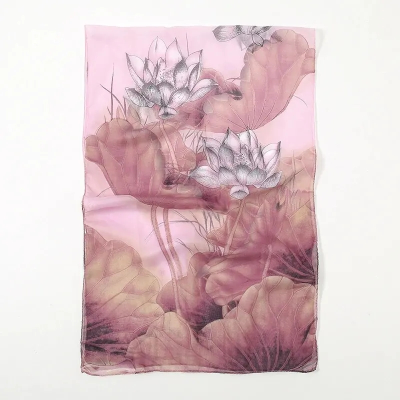Écharpe en mousseline de soie imprimé Lotus, écharpe légère à la mode pour femmes, Protection solaire du cou d'été, châle en soie 150x50cm