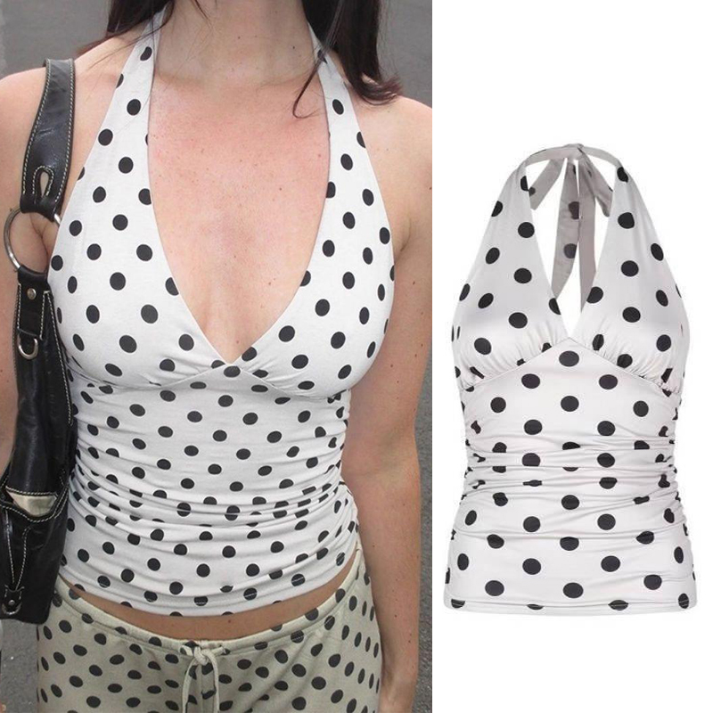 Débardeur plissé sans manches à pois pour femme, col en V profond, style Y2K, avec volants, à lacets, pour la plage