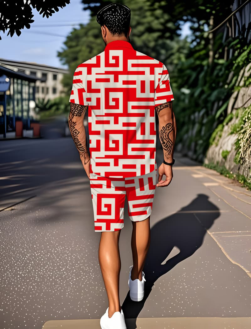Ensemble classique deux pièces pour homme avec motifs imprimés, idéal pour les activités de plein air et l'esthétique urbaine moderne.