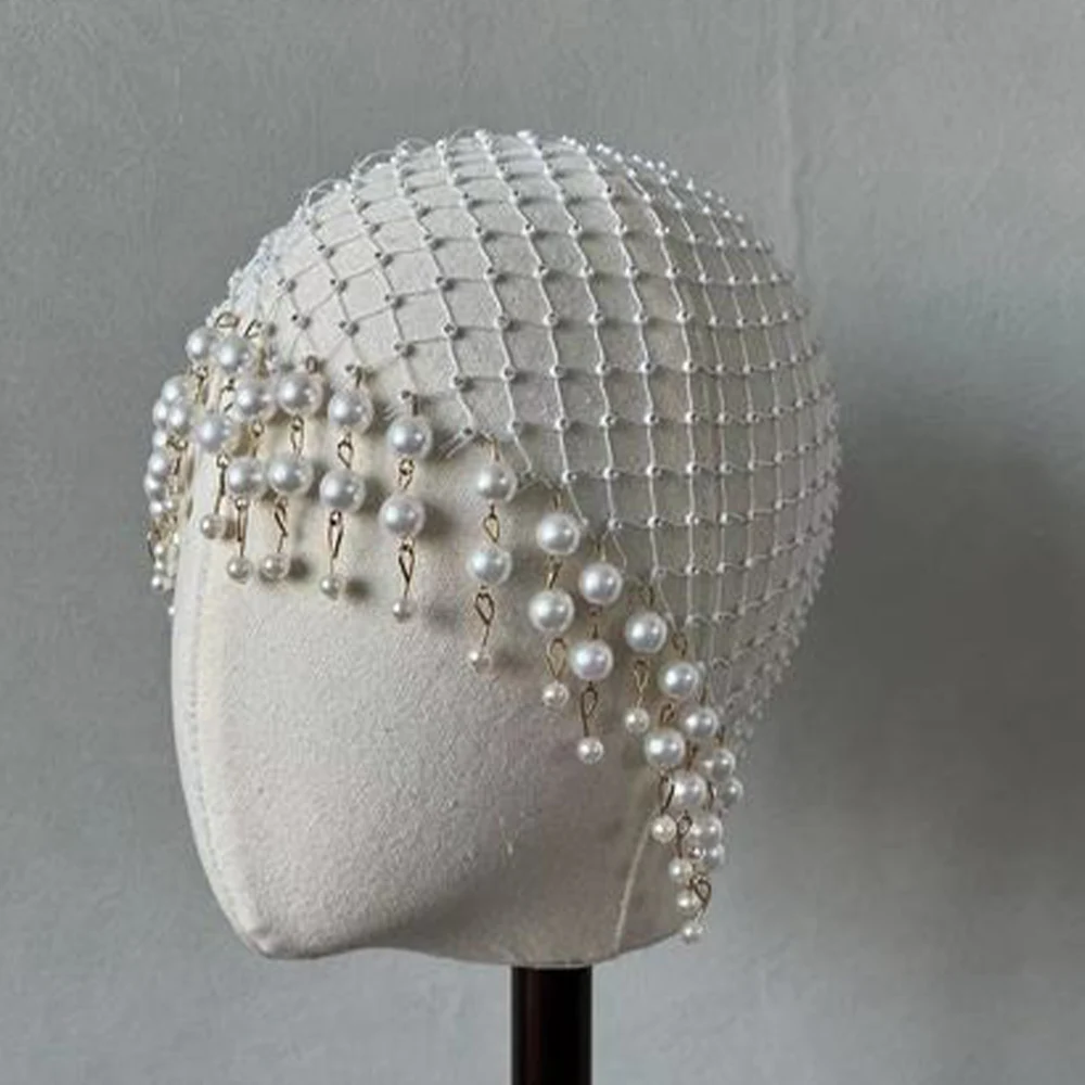 Accessoires pour cheveux en perles de mariage, bandeaux de cheveux faits à la main avec pompon, couvre-chef de luxe pour femmes
