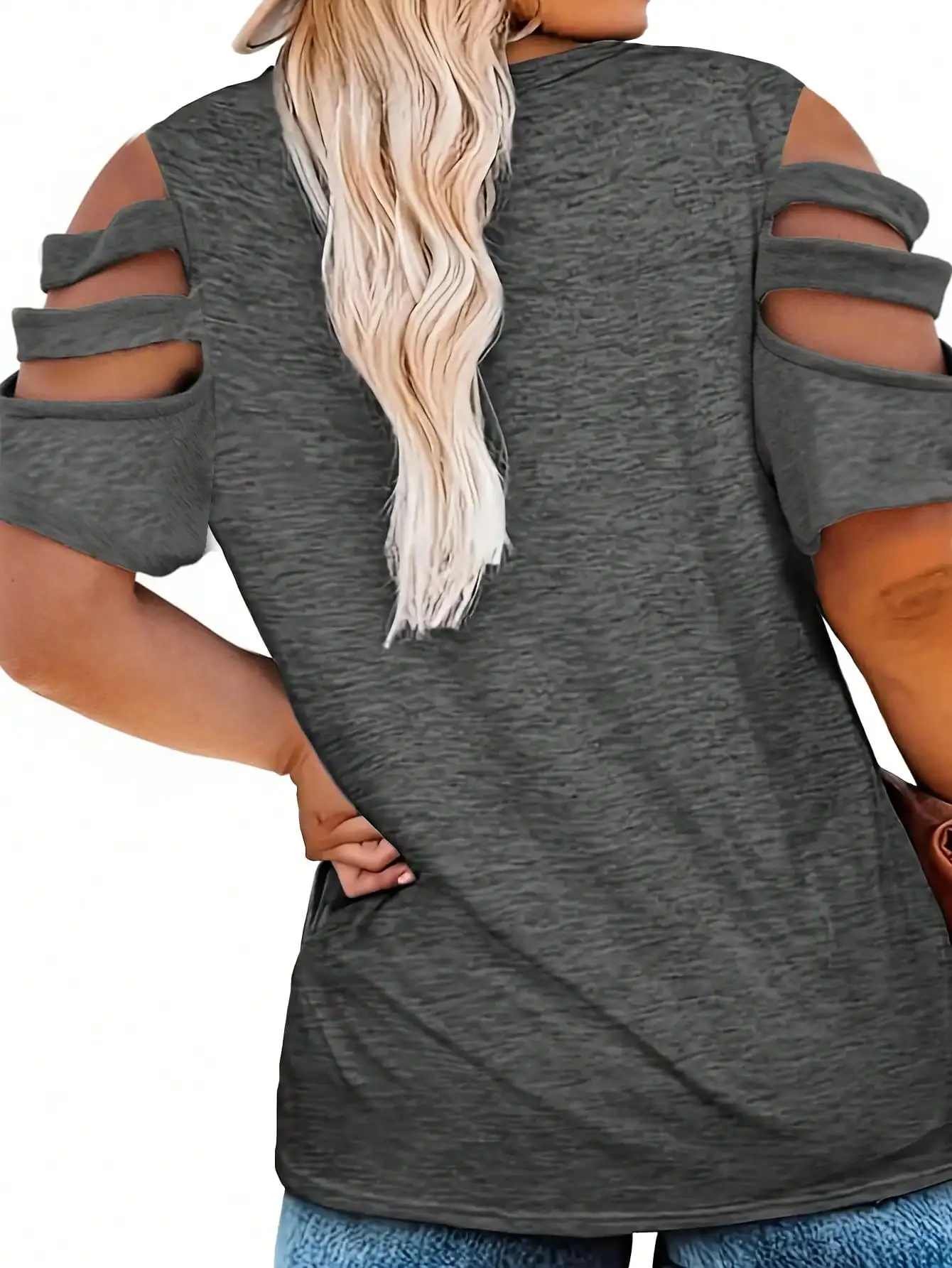 Femmes mode grande taille 1XL-5XL col en v été épaule creuse exposée T-shirt été haut ample à manches courtes T-shirt style décontracté