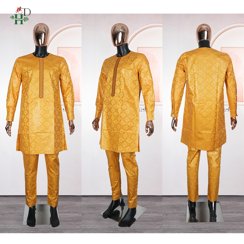 Robes africaines H&D pour couple, jaunes, traditionnelles, en Bazin Riche, tenue brodée 3 pièces pour homme, robe turque pour femme, robe de fête de mariage