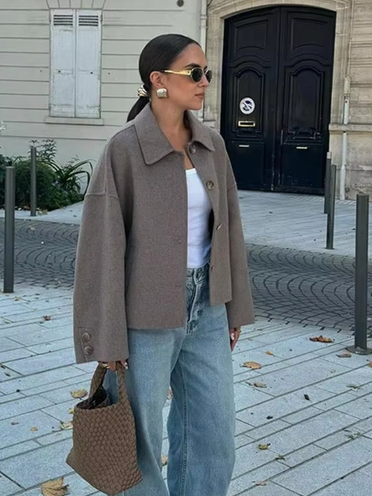 Manteau en laine gris décontracté pour femme, Chic, revers, manches longues, poches à simple boutonnage, veste courte, pardessus de rue, automne