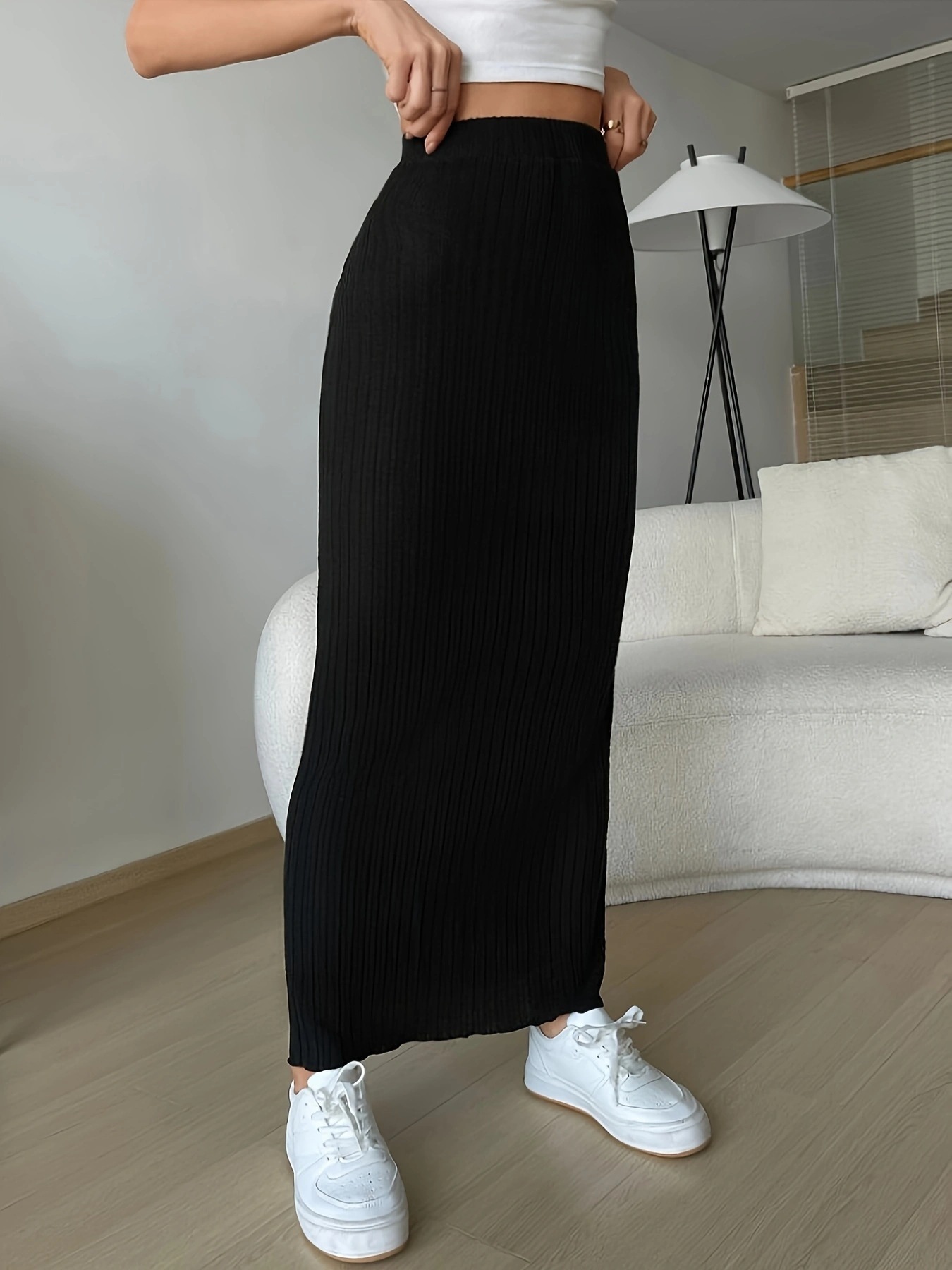 Jupe longue à rayures verticales de style européen et américain, couleur unie, taille haute, coupe ample, ajustée, polyvalente, en tricot, jupe moulante