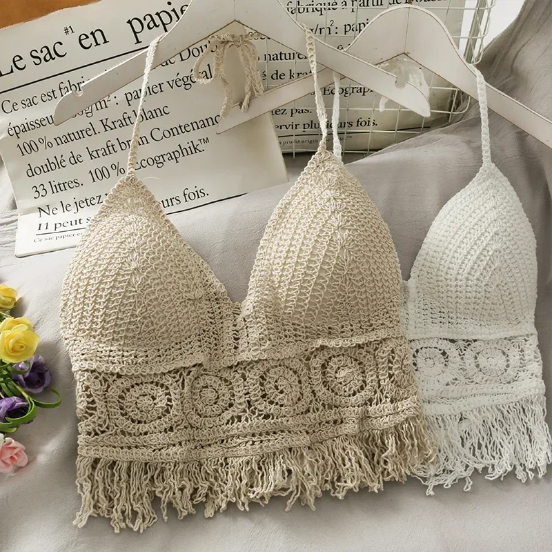Soutien-gorge dos nu en tricot au crochet pour femme, caraco de plage, licou de vacances, glaHollow Tassel, haut précieux, haut court pour femme, mode