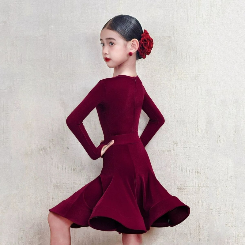 Robe de danse latine pour filles, ensemble à manches longues, costume professionnel de scène pour enfants, Rumba Cha Cha Tango, vêtements de danse d'automne