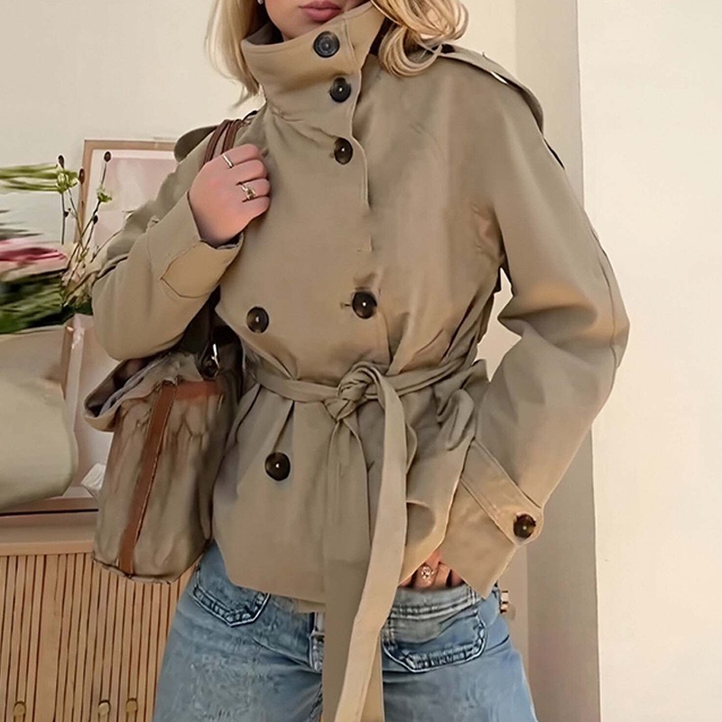 Manteau pour femmes, veste à double boutonnage, ceinturé, court, col montant, manches longues, décontracté, nouvelle arrivée, vêtement d'extérieur pour dames.