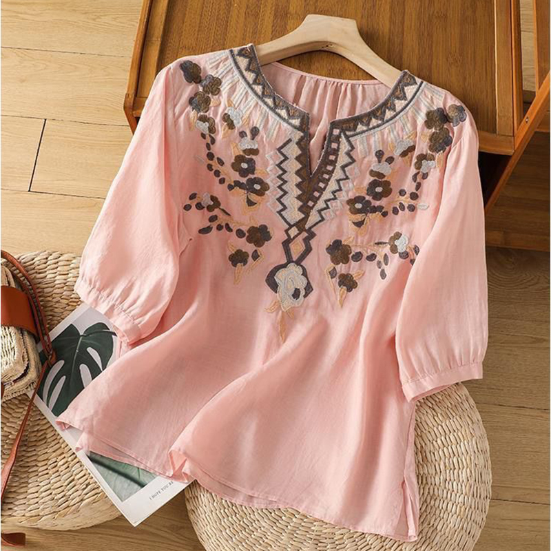 Chemisier en lin et coton brodé style ethnique pour femme, décontracté d'été, ample, manches 3/4, col en V, motif floral bohème, hauts pour le quotidien