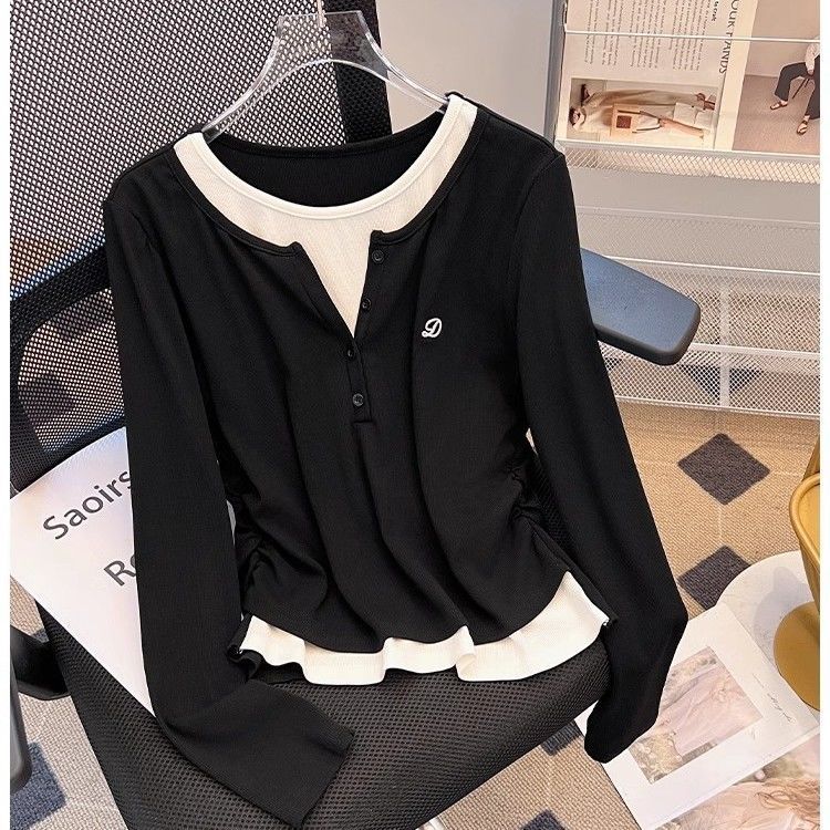 Vêtements pour femmes grande taille, printemps et automne, nouveau t-shirt à manches longues décontracté polyvalent à faux deux pièces contrastées, taille cintrée