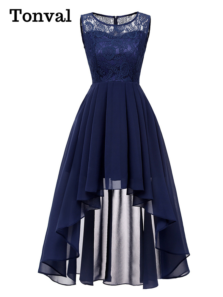 Tonval-Robe de Soirée Élégante en Dentelle pour Femme, Tenue en Mousseline de Soie, Ourlet Haut Bas, Maxi, Col Rond, Été, Vintage