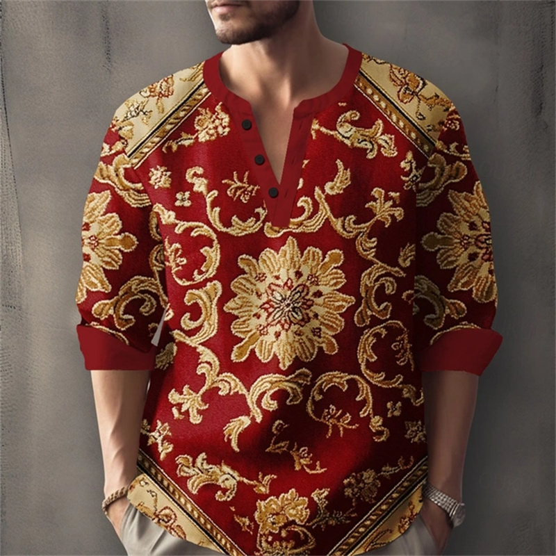 Chemise à manches longues pour homme pour les vacances d'été, avec un imprimé géométrique bicolore et un col Henley ; Chemise élégante pour homme.