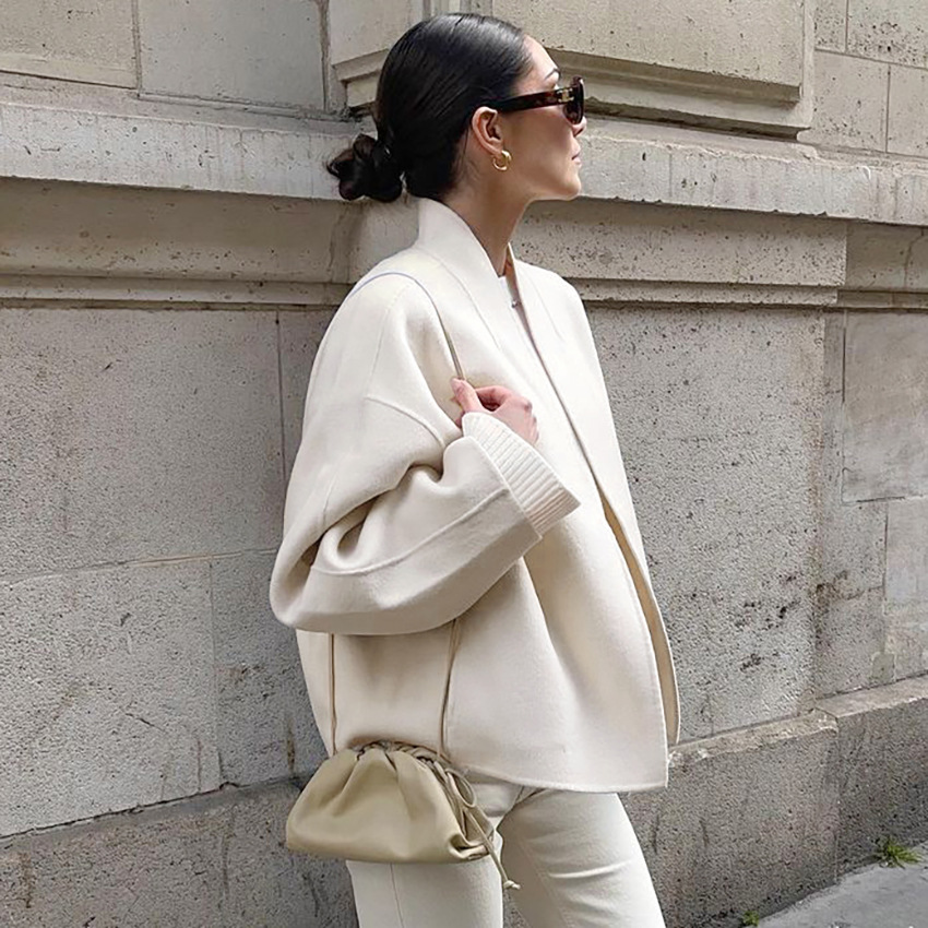 Veste blanche à col roulé pour femme, manteau court élégant et chaud, nouveau Style pour le printemps et l'automne