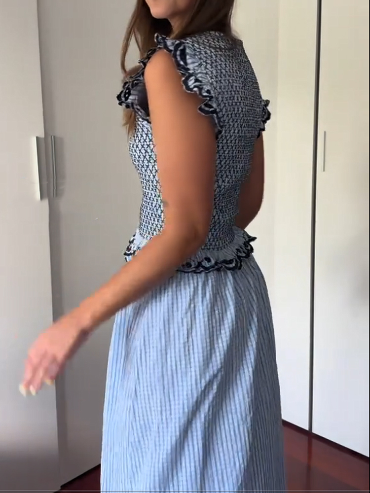 Ensemble 2 Pièces Jupe et Haut Bleu pour Femme – Hauts à Volants Tendance et Jupes Longues Brodé – Tenue Décontractée d'Été 2026 pour Vacances – Style Y2K