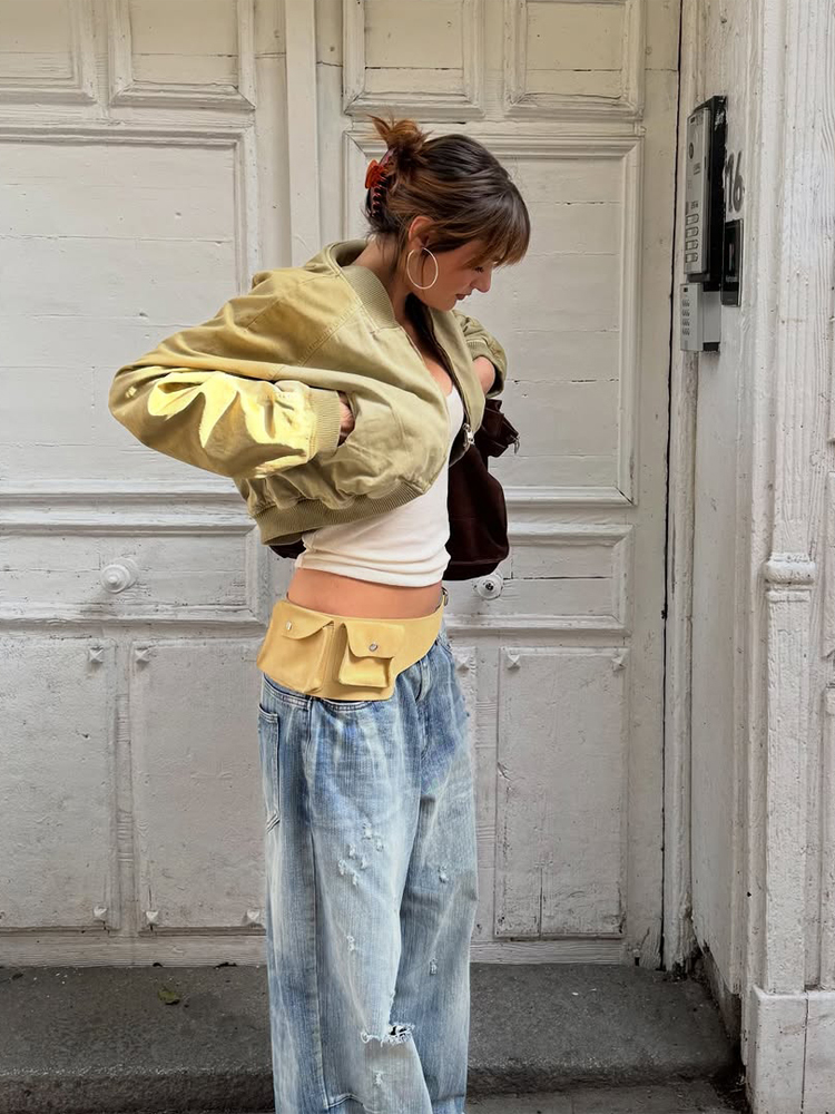 Veste bomber courte kaki pour femme, col à revers, fermeture éclair intégrale, détails poches, manches longues, style streetwear décontracté Y2K