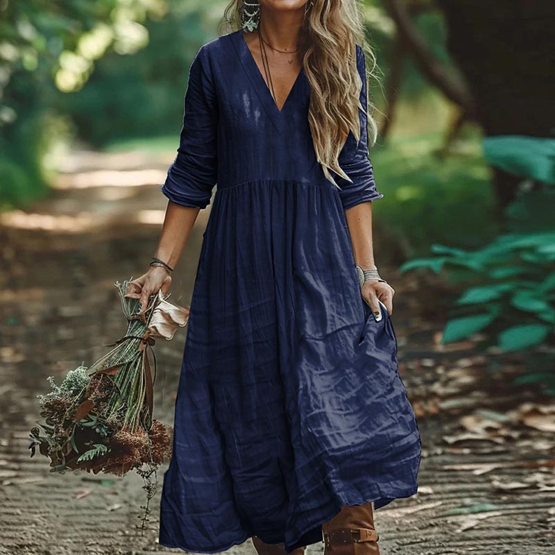 Robes longues amples en coton et lin pour femmes, nouvelle collection printemps-automne 2021, décontractée, manches longues, col en V, Maxi, robe de soirée, de vacances
