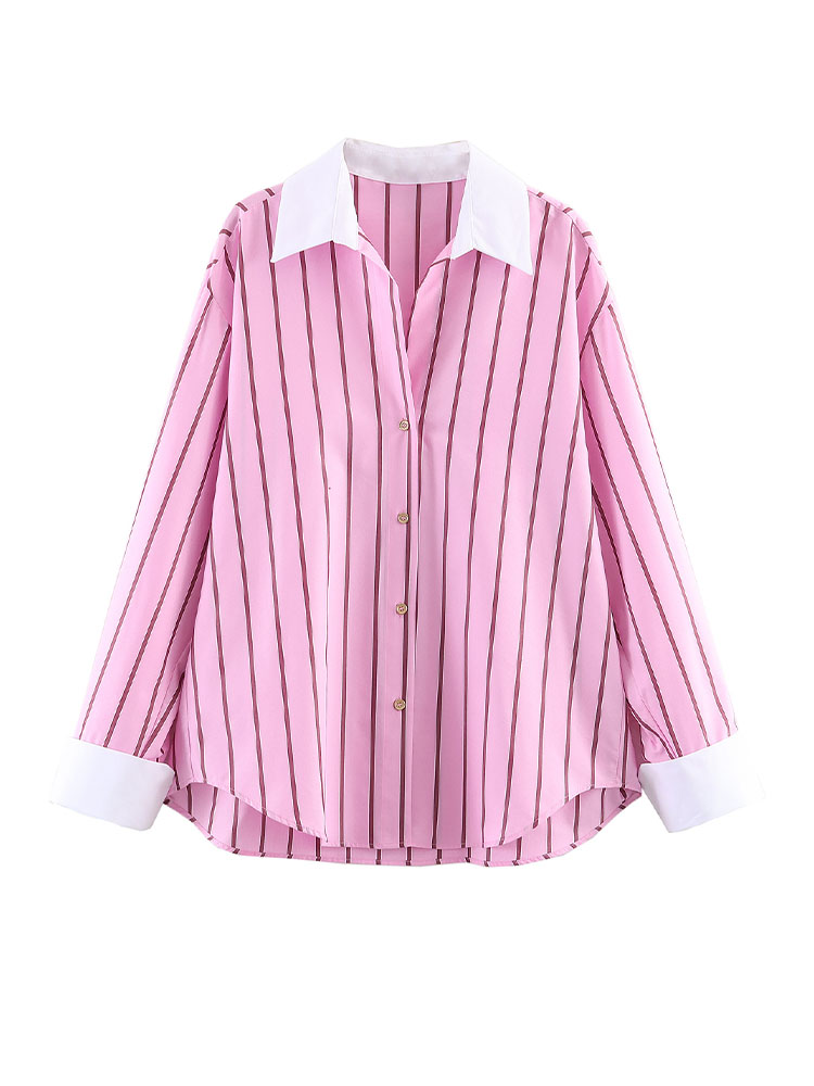 Chemisier décontracté rose rayé à revers et manches longues pour femme, élégant et polyvalent, style printemps